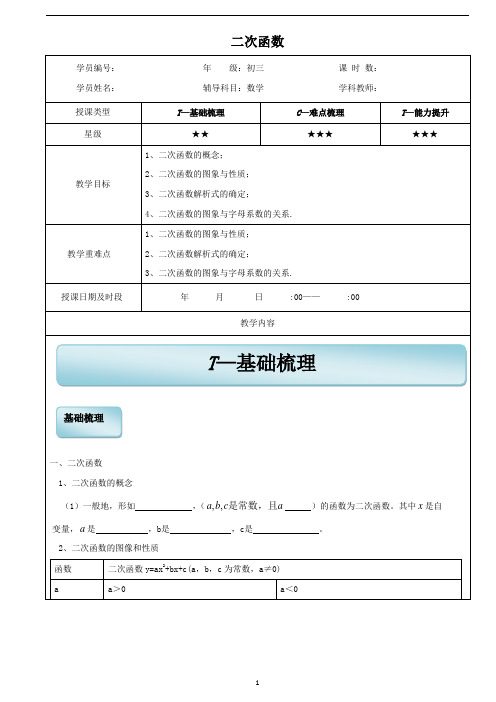 二次函数图象与性质-学生版 初三人教版数学讲义 一对一