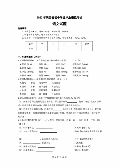 2020春陕西省延安市实验中学初中学业毕业检测模拟考试语文试题（含答案）