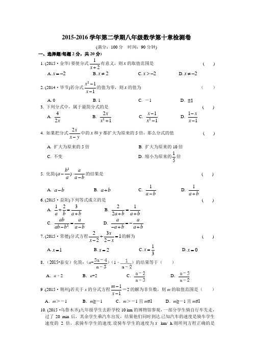 2015年春季新版苏科版八年级数学下学期第10章、分式单元复习试卷2