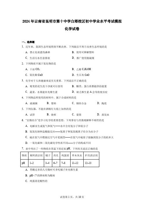 2024年云南省昆明市第十中学白塔校区初中学业水平考试模拟化学试卷