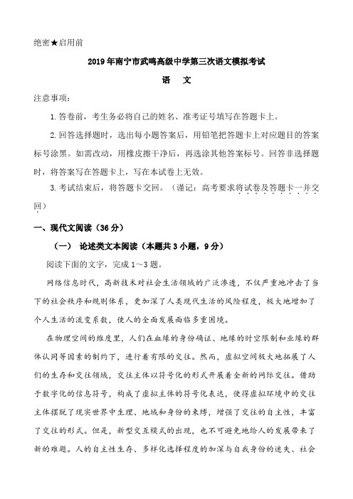 2019年南宁市武鸣高级中学第三次语文模拟考试及答案