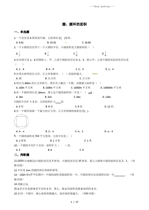 六年级下册数学总复习试题-圆、圆环的面积专项练 全国版(含答案)