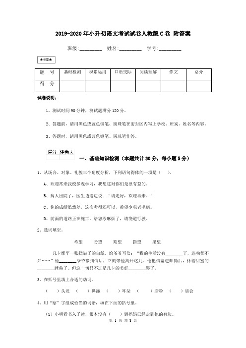 2019-2020年小升初语文考试试卷人教版C卷 附答案