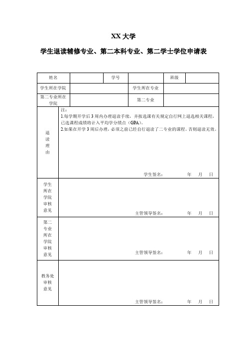 XX大学学生退读辅修专业、第二本科专业、第二学士学位申请表【模板】