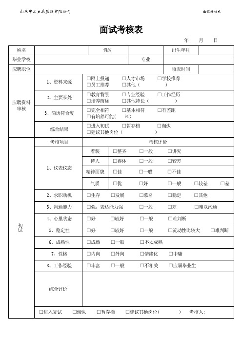 应聘人员面试考核表