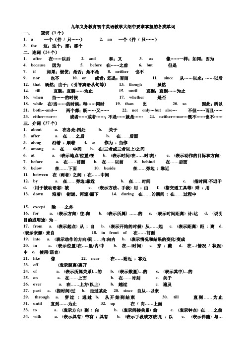 初中英语教学大纲中要求掌握的各类单词(按词性分类)