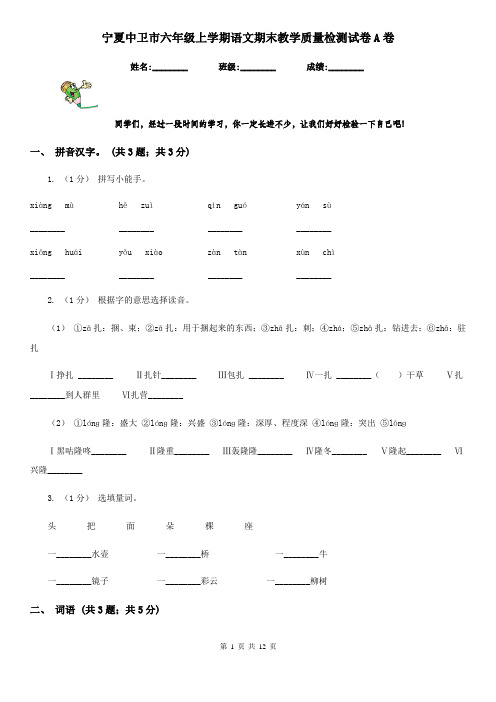 宁夏中卫市六年级上学期语文期末教学质量检测试卷A卷