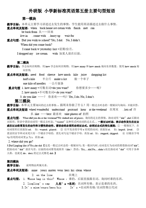 外研版小学英语第五册重点句型 重点单词