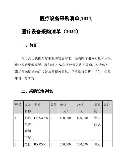 医疗设备采购清单(2024)