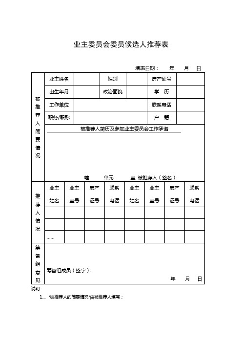 业主委员会委员候选人推荐表【模板】