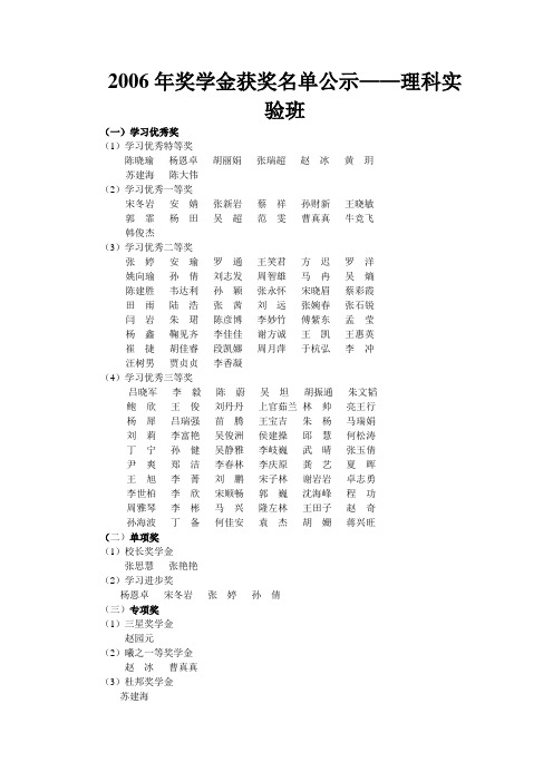 2006年奖学金获奖名单公示理科实验班