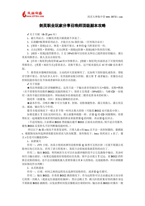 剑灵职业玩家分享召唤师顶级副本攻略