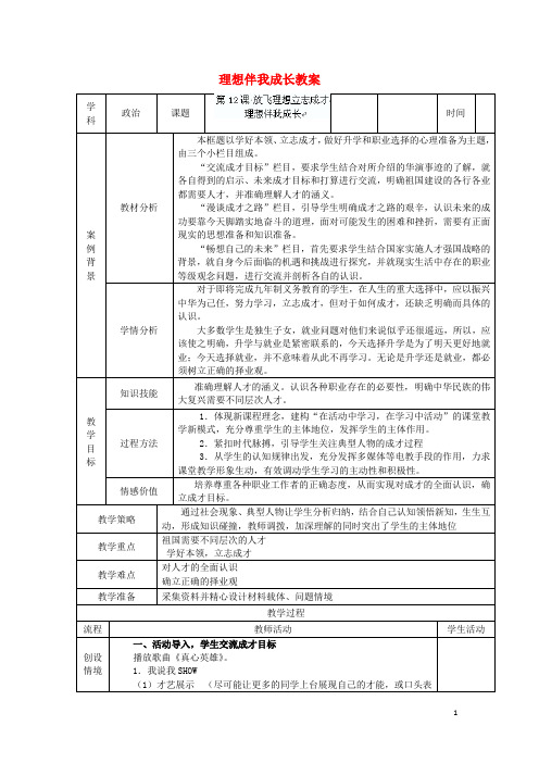 九年级政治全册 理想伴我成长教案 苏教版