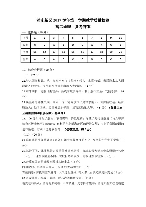 2018年金山区地理二模试卷参考答案