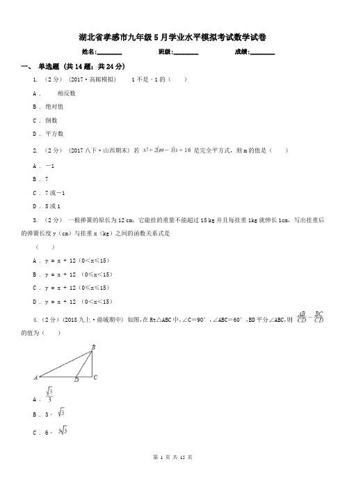 湖北省孝感市九年级5月学业水平模拟考试数学试卷