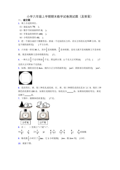 小学六年级上学期期末数学试卷测试题(及答案)