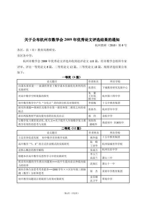 关于公布杭州市数学会2009年优秀论文评选结果的通知