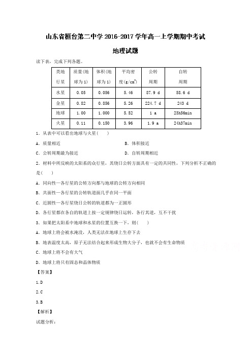 山东省桓台第二中学2016-2017学年高一上学期期中考试地理试题Word版含解析