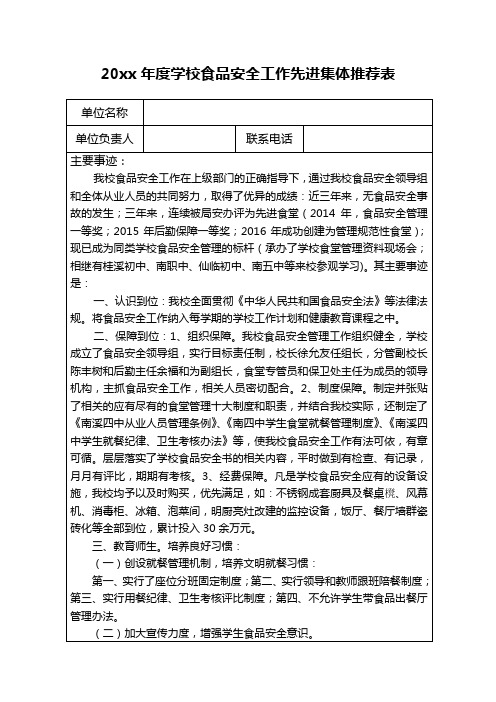 20xx年度学校食品安全工作先进集体推荐表3(附事迹材料)