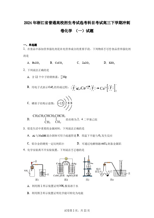 2024年浙江省普通高校招生考试选考科目考试高三下学期冲刺卷化学(一)试题