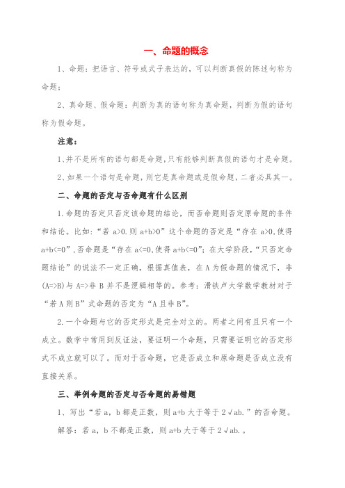 命题的概念命题的四种形式及关系命题的否定和否命题的区别