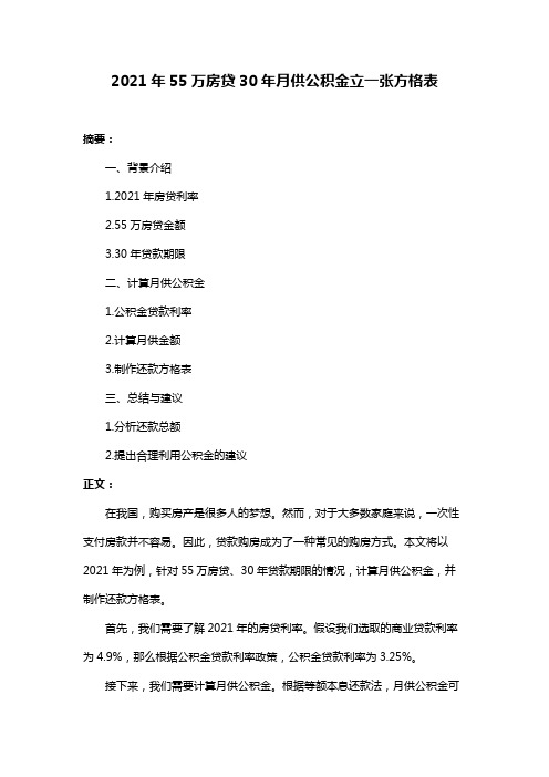 2021年55万房贷30年月供公积金立一张方格表