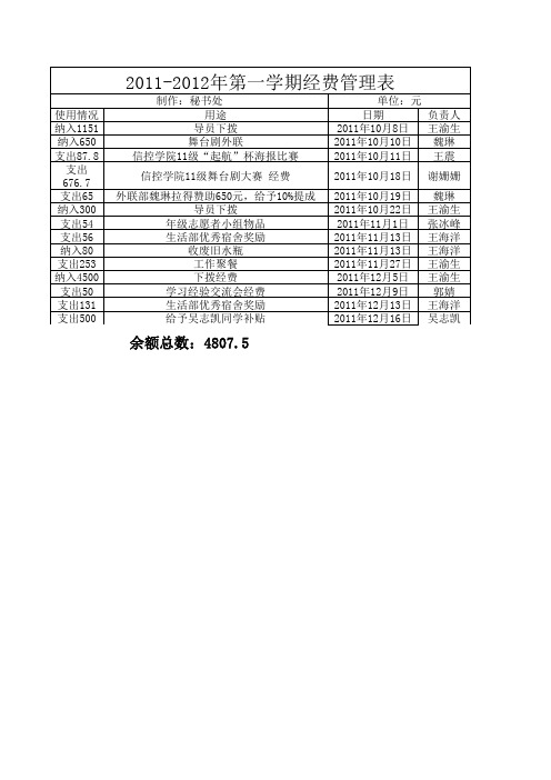 年级学生会上半学期经费管理表