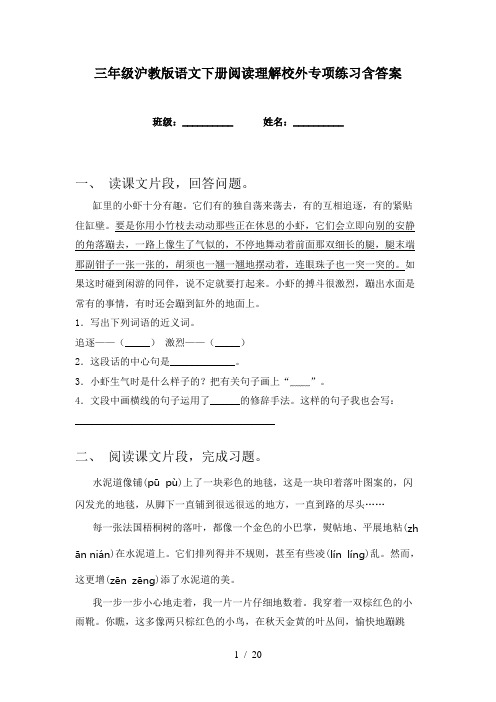 三年级沪教版语文下册阅读理解校外专项练习含答案