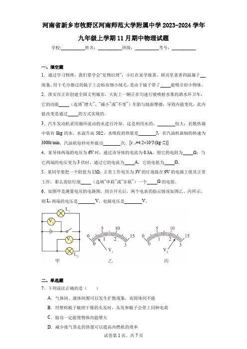 河南省新乡市牧野区河南师范大学附属中学2023-2024学年九年级上学期11月期中物理试题