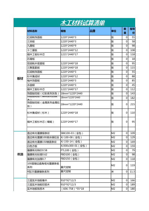 木工材料试算清单Excel模板