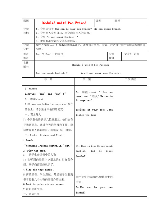 六年级英语上册 Module5 Unit2 Pen Friend导学案 外研版(三起)