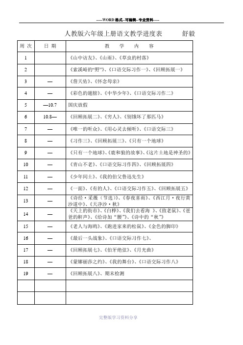 人教版小学六年级上册语文教学进度表六3