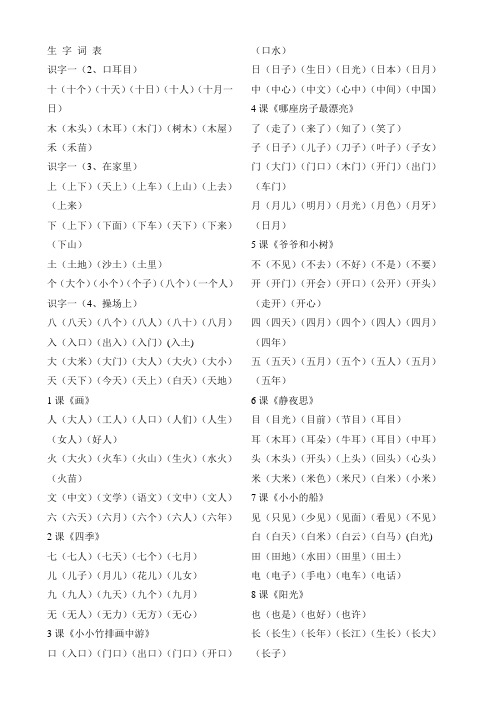 人教版一年级上下册生字组词大全