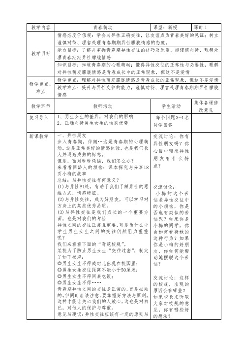 人教版道德与法治七年级下册 2.2 青春萌动 教案设计