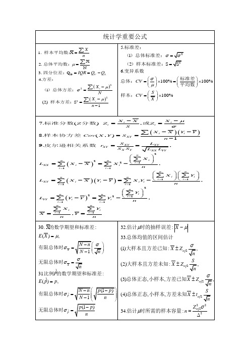 统计学重要公式ttt