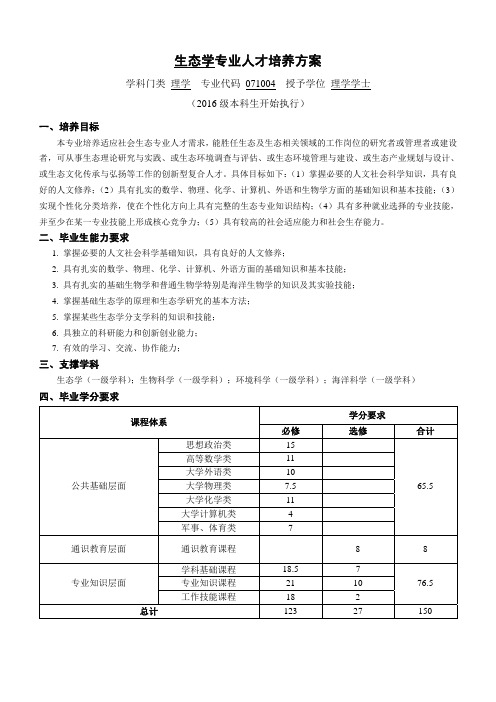 中国海洋大学生态学专业人才培养方案