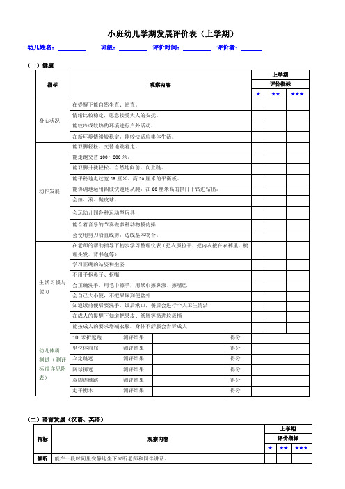 小班幼儿学期发展评价表(上学期)