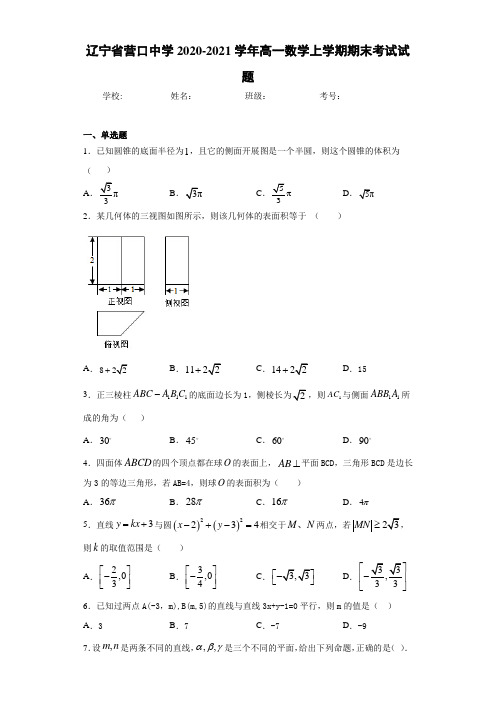 辽宁省营口中学2020-2021学年高一数学上学期期末考试试题