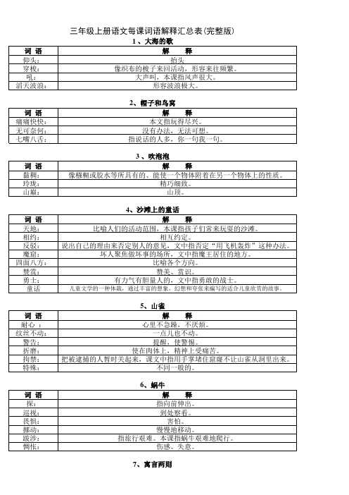 语文S版三年级上册每课词语解释汇总(完整版)