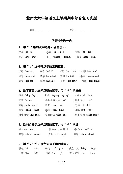 北师大六年级语文上学期期中综合复习真题