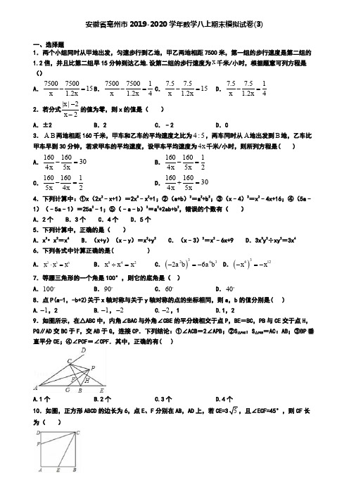 安徽省亳州市2019-2020学年数学八上期末模拟试卷(3)