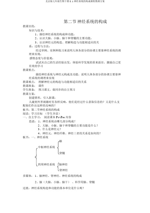 北京版七年级生物下册8.1神经系统的组成课程教学设计