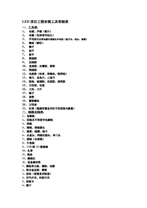 LED项目工程安装工具明细表