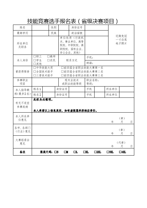 技能竞赛选手报名表(省级决赛项目)