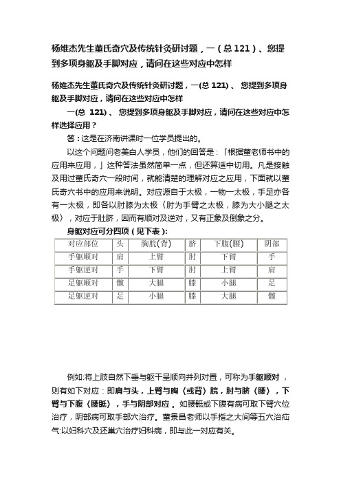 杨维杰先生董氏奇穴及传统针灸研讨题，一（总121）、您提到多项身躯及手脚对应，请问在这些对应中怎样