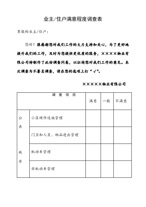 物业公司业主满意度调查表