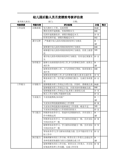 幼儿园后勤人员考核评估表