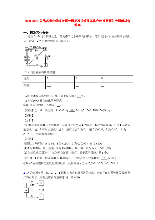 2020-2021备战高考化学综合题专题复习【铜及其化合物推断题】专题解析含答案