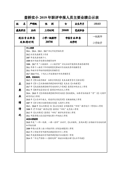 查桥实小2019年职评申报人员主要业绩公示表