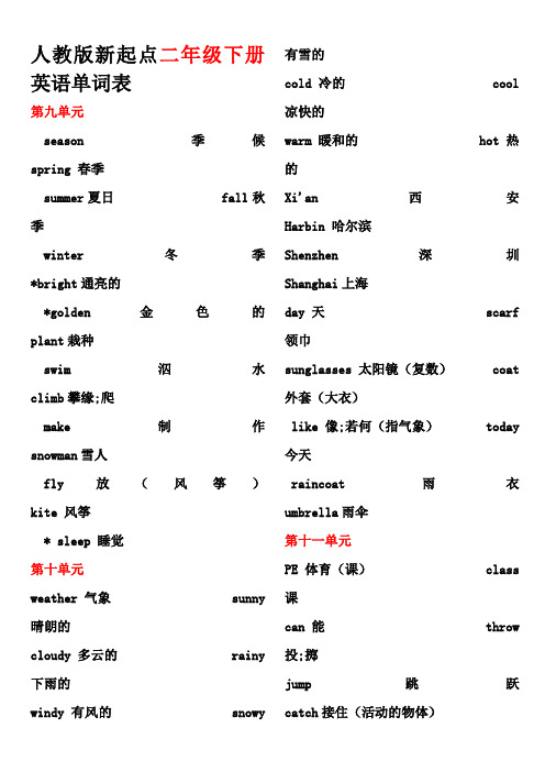人教版新起点二年级下册英语单词表